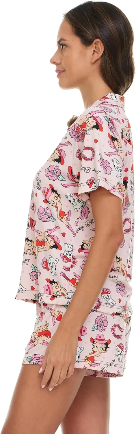Betty Boop Women’s Pajama Set, Soft Stretchy Pajama Shorts & Short Sleeve, Notch Collar, Button Down Top