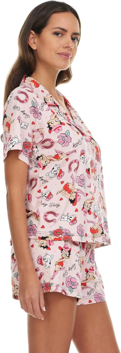 Betty Boop Women’s Pajama Set, Soft Stretchy Pajama Shorts & Short Sleeve, Notch Collar, Button Down Top