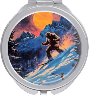 Bigfoot Skiing Deer Elks Travel Makeup Mirror 2-Sided 1x 2X Magnification Portable Mini Mirror for Handbag Purse Pocket