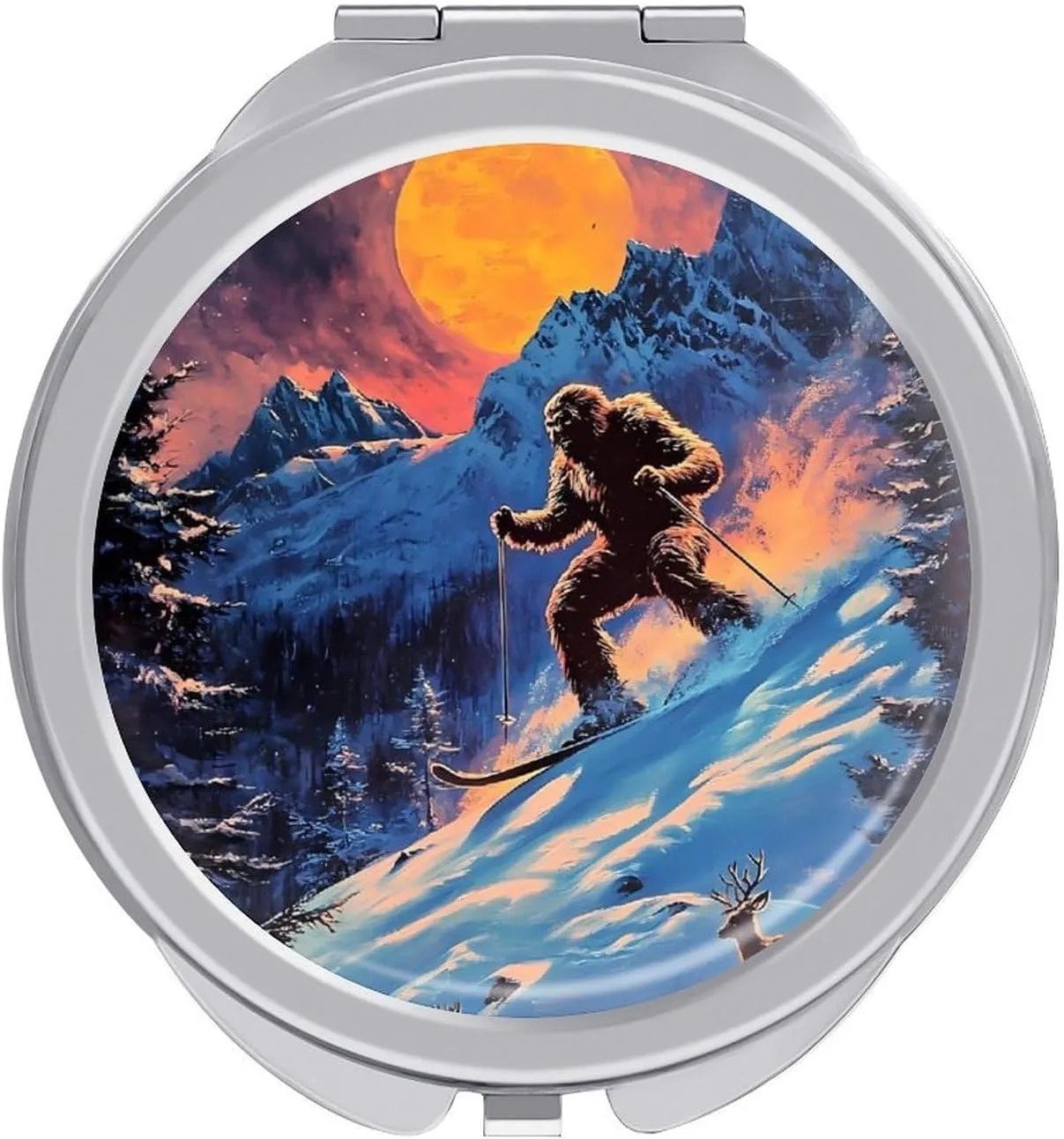Bigfoot Skiing Deer Elks Travel Makeup Mirror 2-Sided 1x 2X Magnification Portable Mini Mirror for Handbag Purse Pocket
