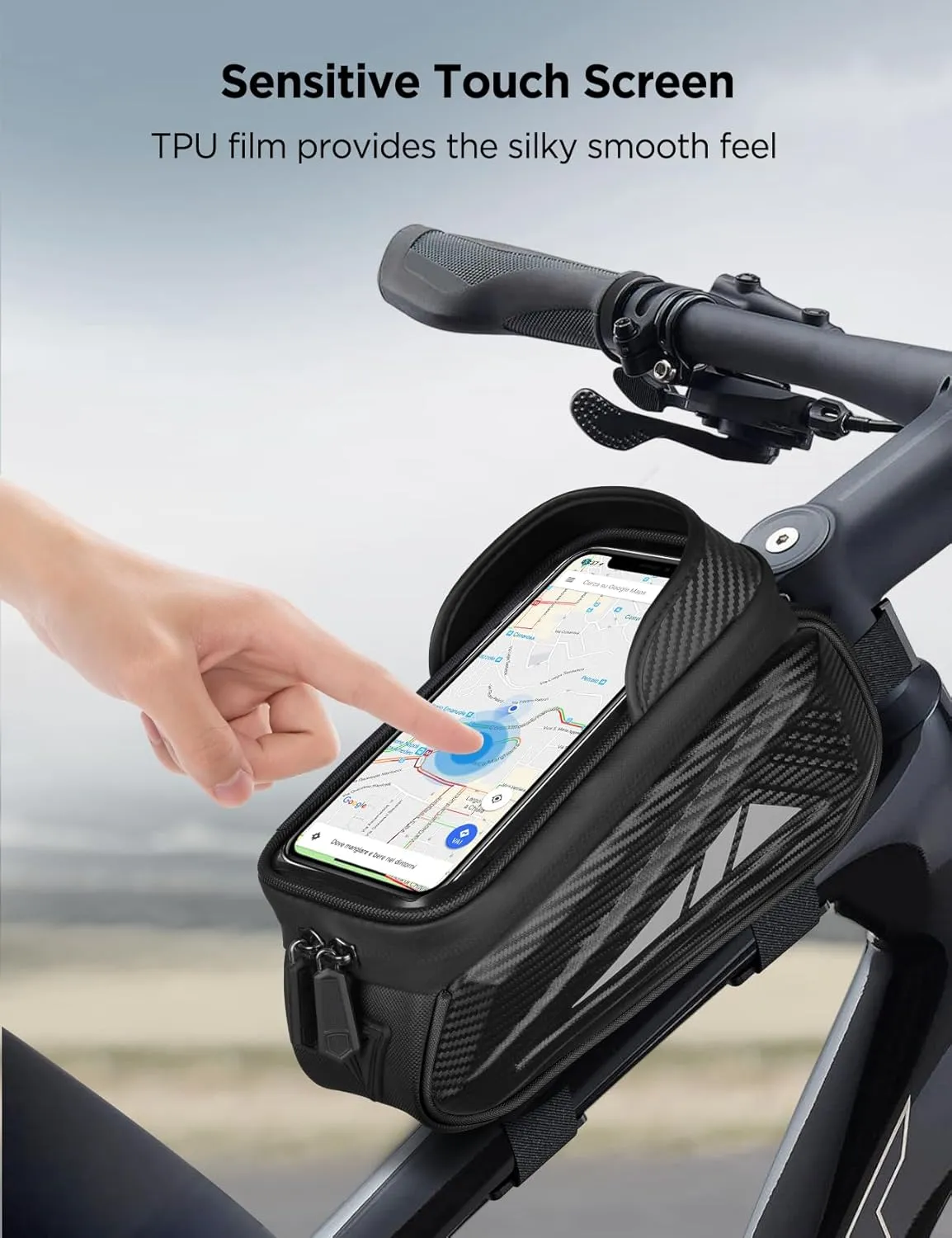 Bike Phone Holder Bag, EVA Waterproof Bicycle Front Frame Bag, Bike Accessories Cycling Pouch with Sensitive TPU Touch-Screen, Bicycle Phone Mount with Rain Cover for Phone under 6.5"(Black, 6.5 inch)