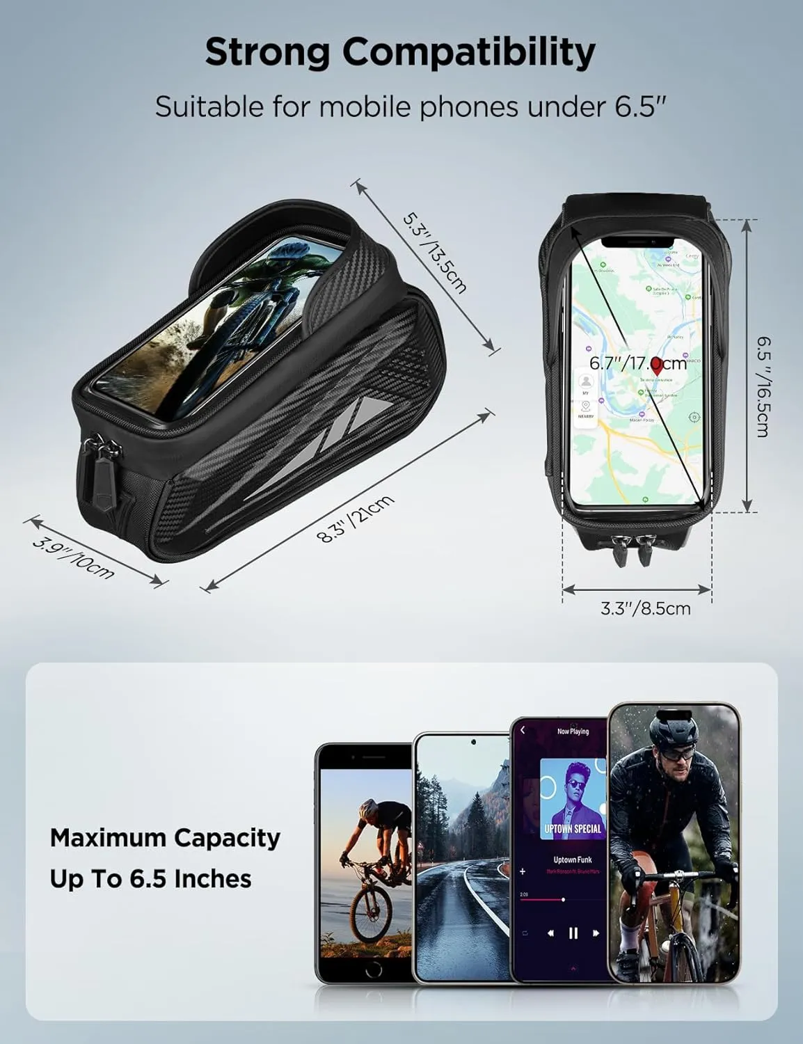 Bike Phone Holder Bag, EVA Waterproof Bicycle Front Frame Bag, Bike Accessories Cycling Pouch with Sensitive TPU Touch-Screen, Bicycle Phone Mount with Rain Cover for Phone under 6.5"(Black, 6.5 inch)