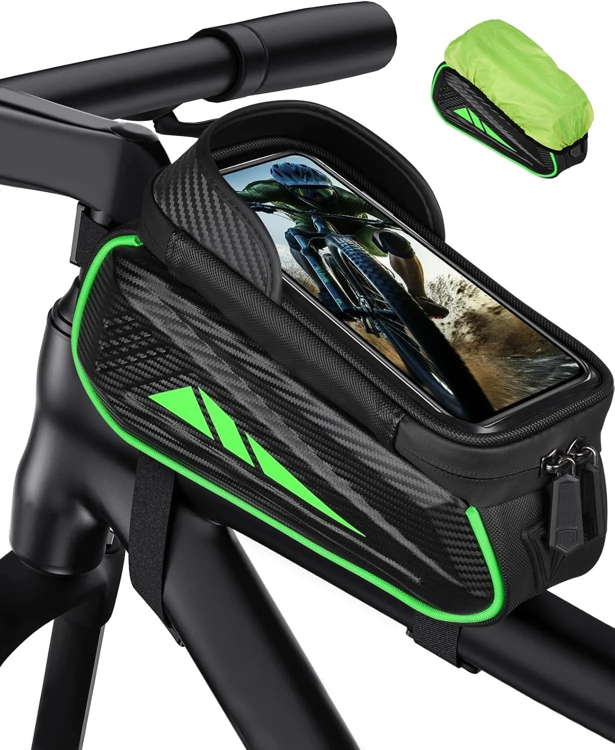 Bike Phone Holder Bag, EVA Waterproof Bicycle Front Frame Bag, Bike Accessories Cycling Pouch with Sensitive TPU Touch-Screen, Bicycle Phone Mount with Rain Cover for Phone under 7" (Green, 7 inch)
