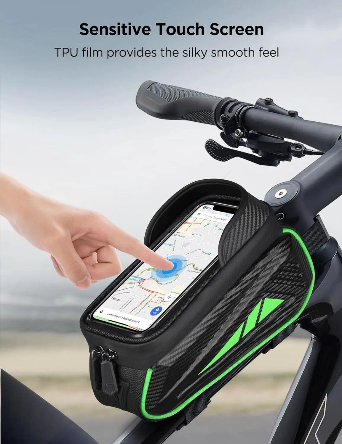 Bike Phone Holder Bag, EVA Waterproof Bicycle Front Frame Bag, Bike Accessories Cycling Pouch with Sensitive TPU Touch-Screen, Bicycle Phone Mount with Rain Cover for Phone under 7" (Green, 7 inch)