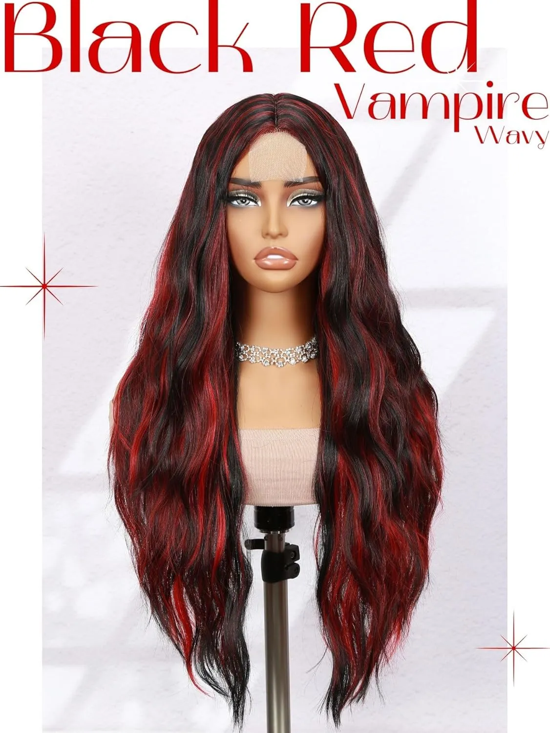Black and Red Wig Vampire Red Highlight Loose Wavy Wig Long Lace Part Synthetic Mermaid Wave Curly Wig for Halloween Cosplay Costume (28 Inch