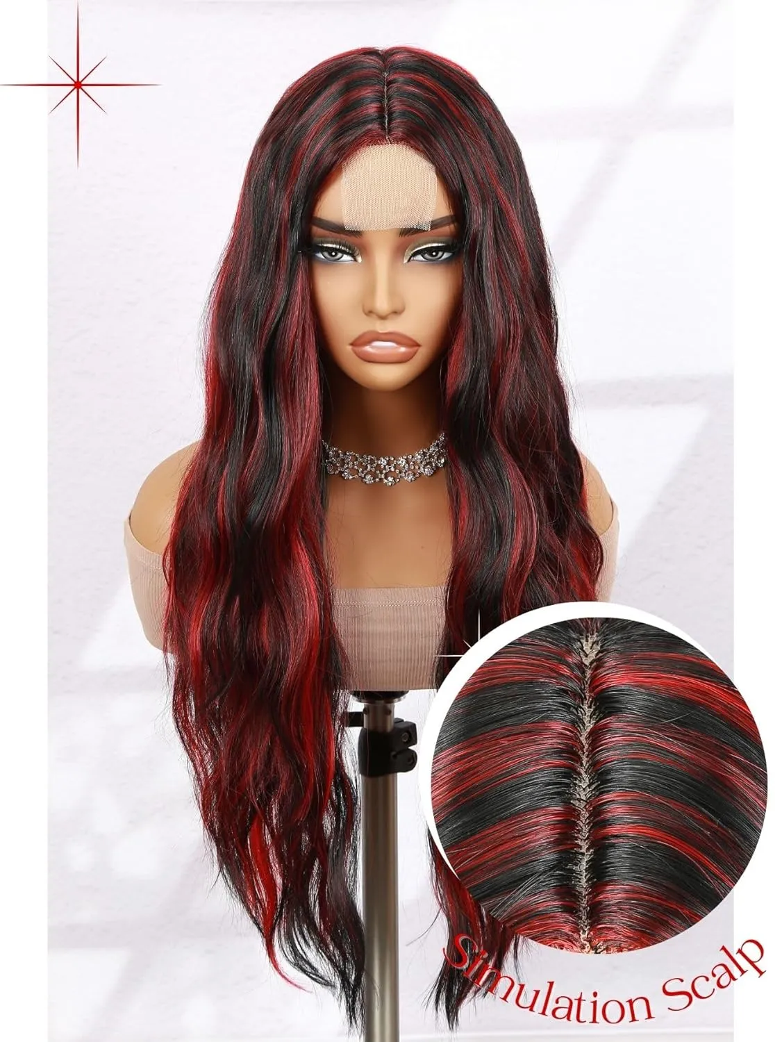 Black and Red Wig Vampire Red Highlight Loose Wavy Wig Long Lace Part Synthetic Mermaid Wave Curly Wig for Halloween Cosplay Costume (28 Inch