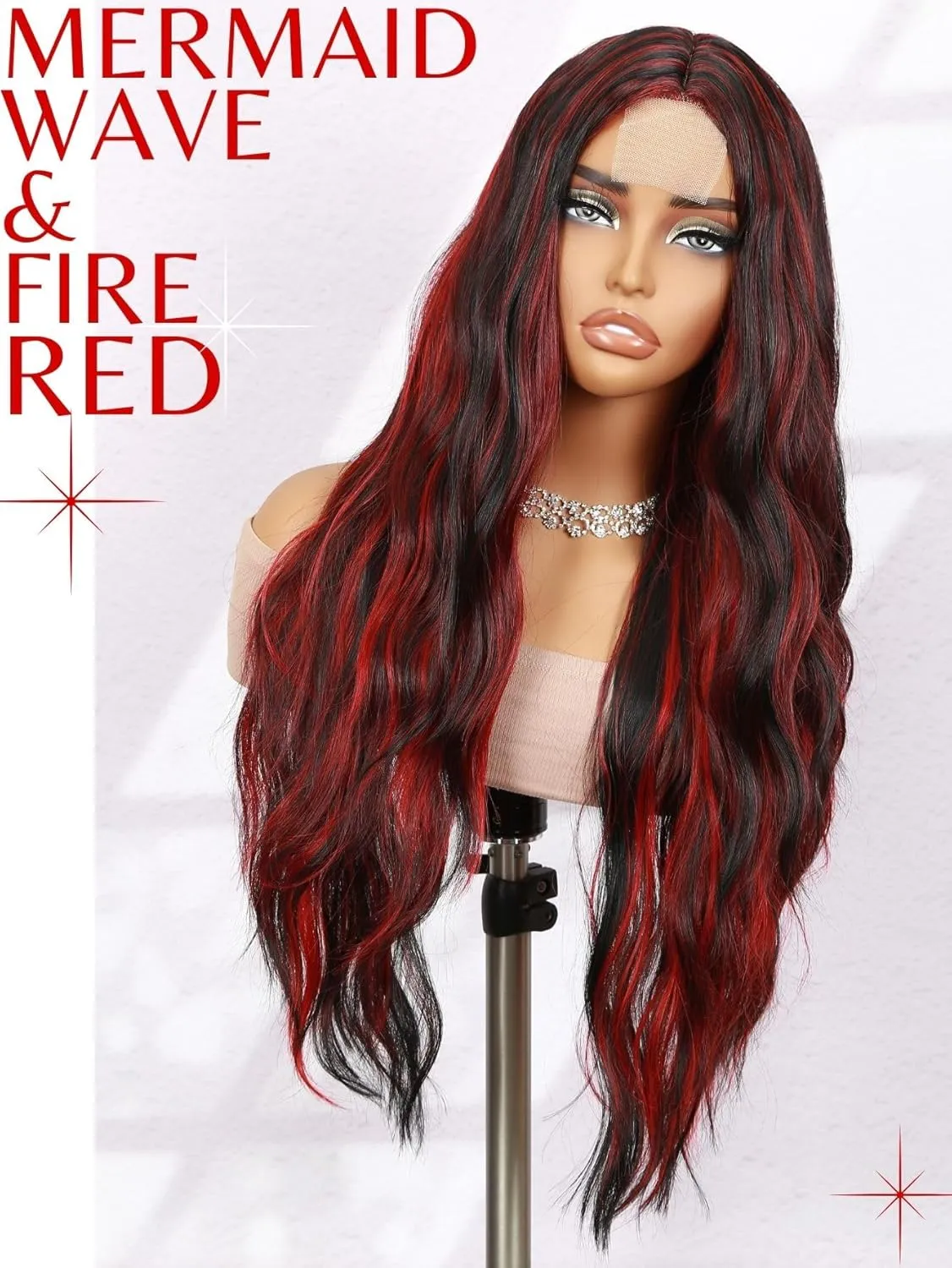 Black and Red Wig Vampire Red Highlight Loose Wavy Wig Long Lace Part Synthetic Mermaid Wave Curly Wig for Halloween Cosplay Costume (28 Inch