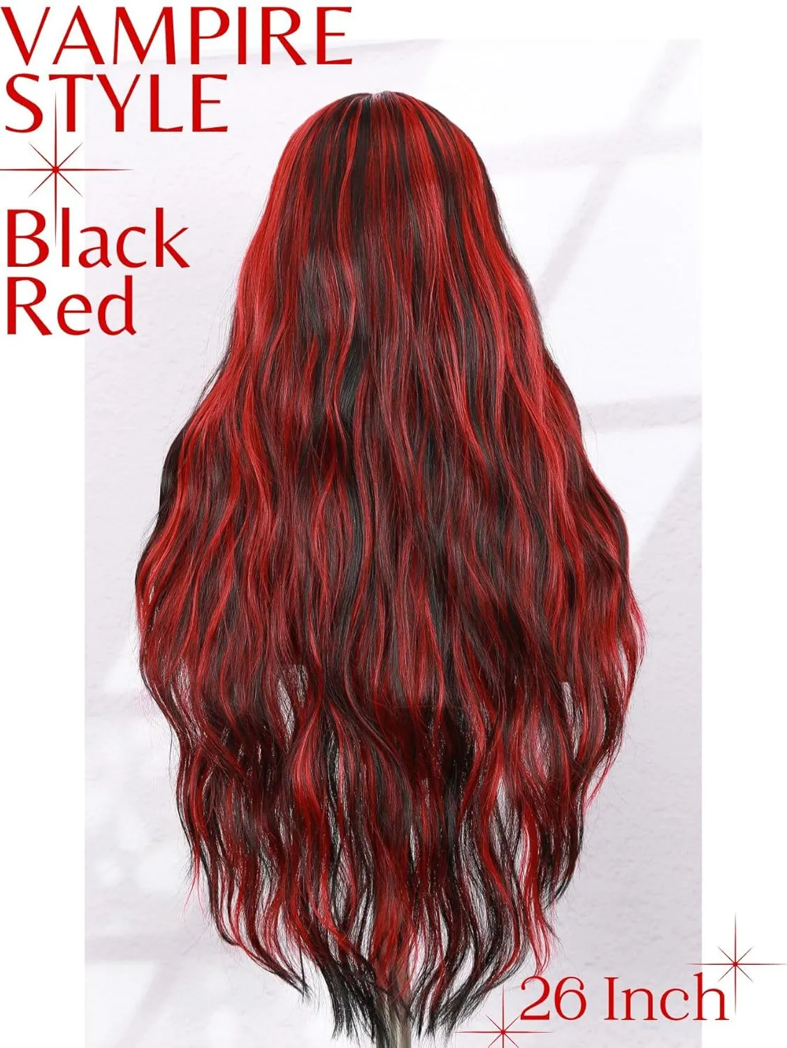 Black and Red Wig Vampire Red Highlight Loose Wavy Wig Long Lace Part Synthetic Mermaid Wave Curly Wig for Halloween Cosplay Costume (28 Inch