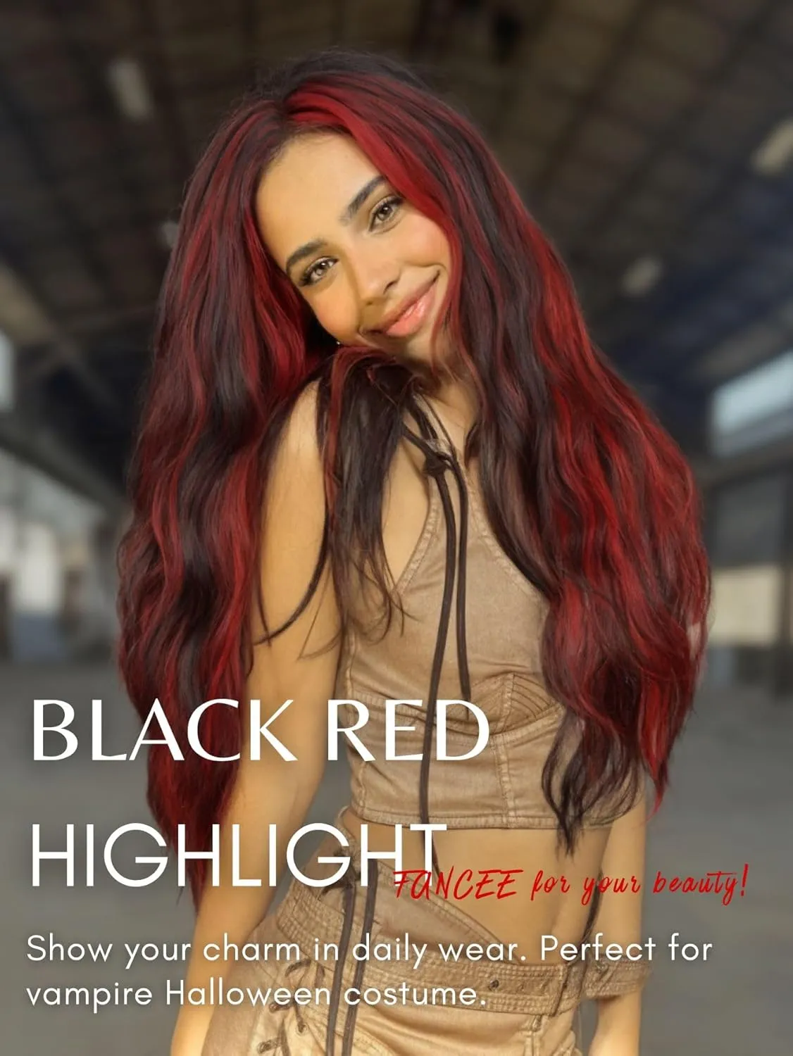 Black and Red Wig Vampire Red Highlight Loose Wavy Wig Long Lace Part Synthetic Mermaid Wave Curly Wig for Halloween Cosplay Costume (28 Inch