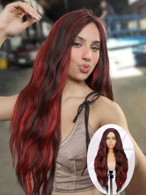 Black and Red Wig Vampire Red Highlight Loose Wavy Wig Long Lace Part Synthetic Mermaid Wave Curly Wig for Halloween Cosplay Costume (28 Inch