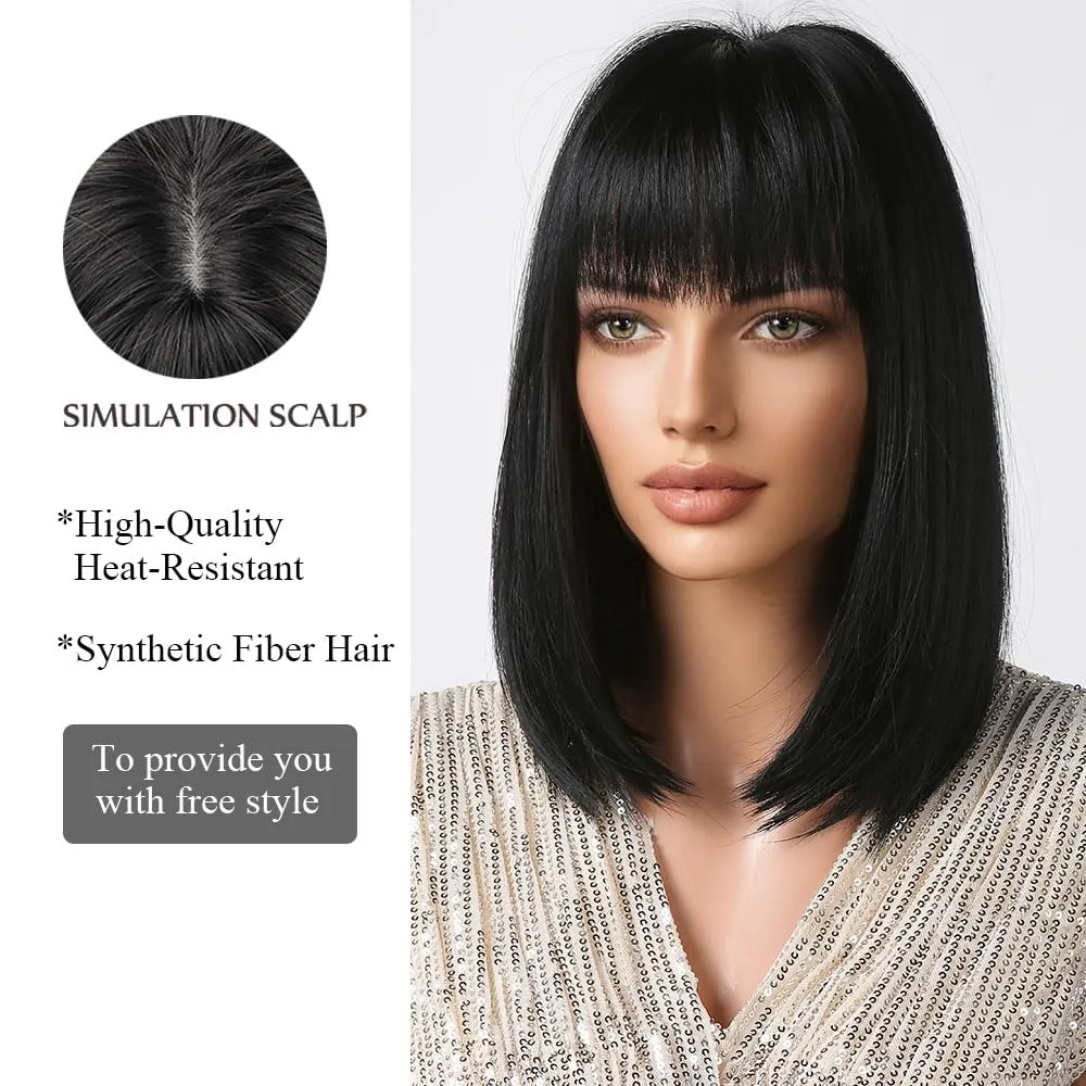 Black Bob Wig With Bangs Short Straight Wig For Women Synthetic Hair Wigs for Daily Party Cosplay Wear