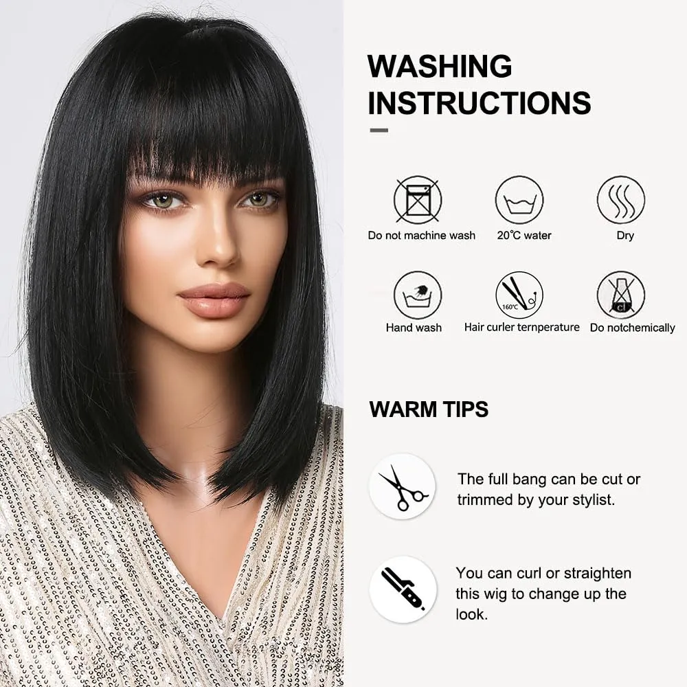 Black Bob Wig With Bangs Short Straight Wig For Women Synthetic Hair Wigs for Daily Party Cosplay Wear