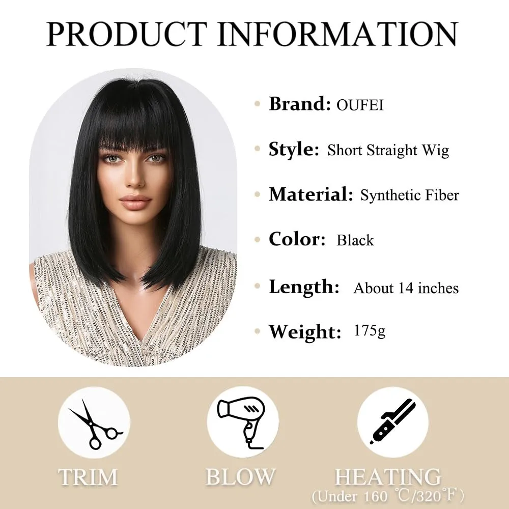 Black Bob Wig With Bangs Short Straight Wig For Women Synthetic Hair Wigs for Daily Party Cosplay Wear