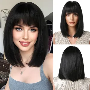 Black Bob Wig With Bangs Short Straight Wig For Women Synthetic Hair Wigs for Daily Party Cosplay Wear