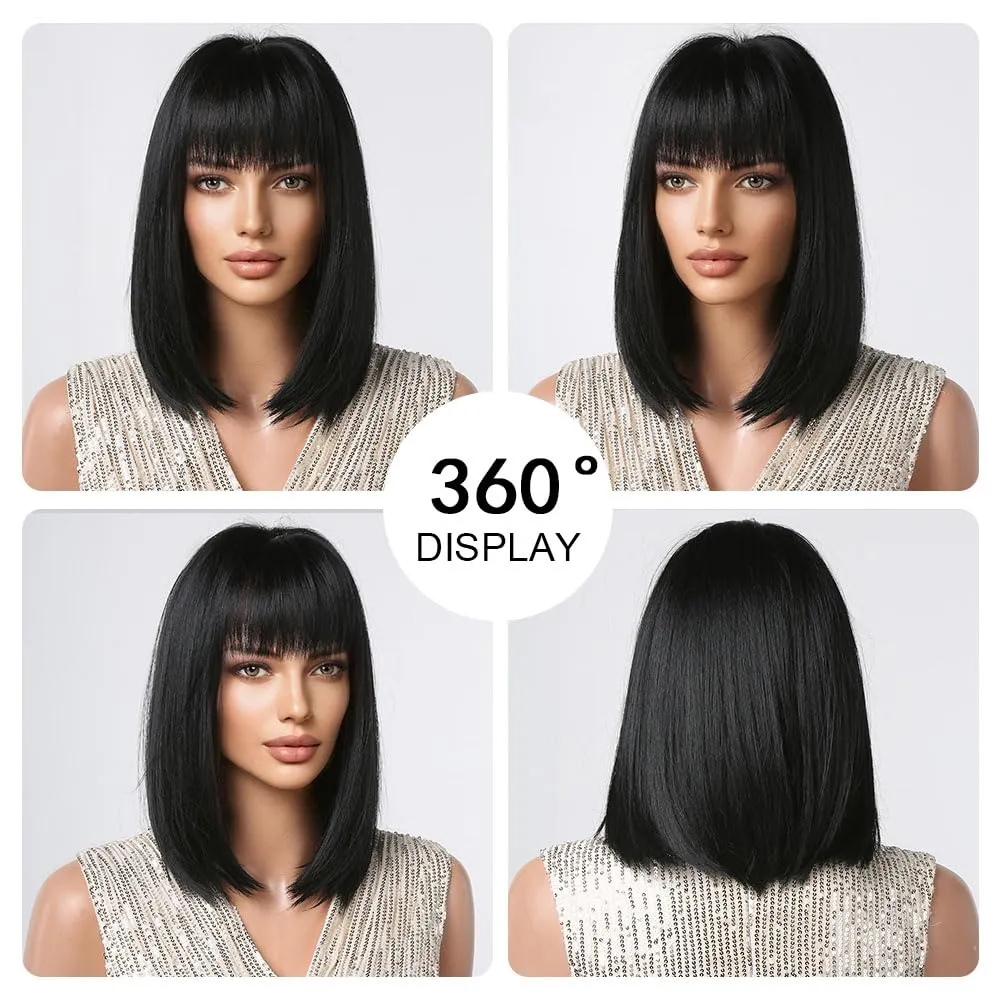 Black Bob Wig With Bangs Short Straight Wig For Women Synthetic Hair Wigs for Daily Party Cosplay Wear