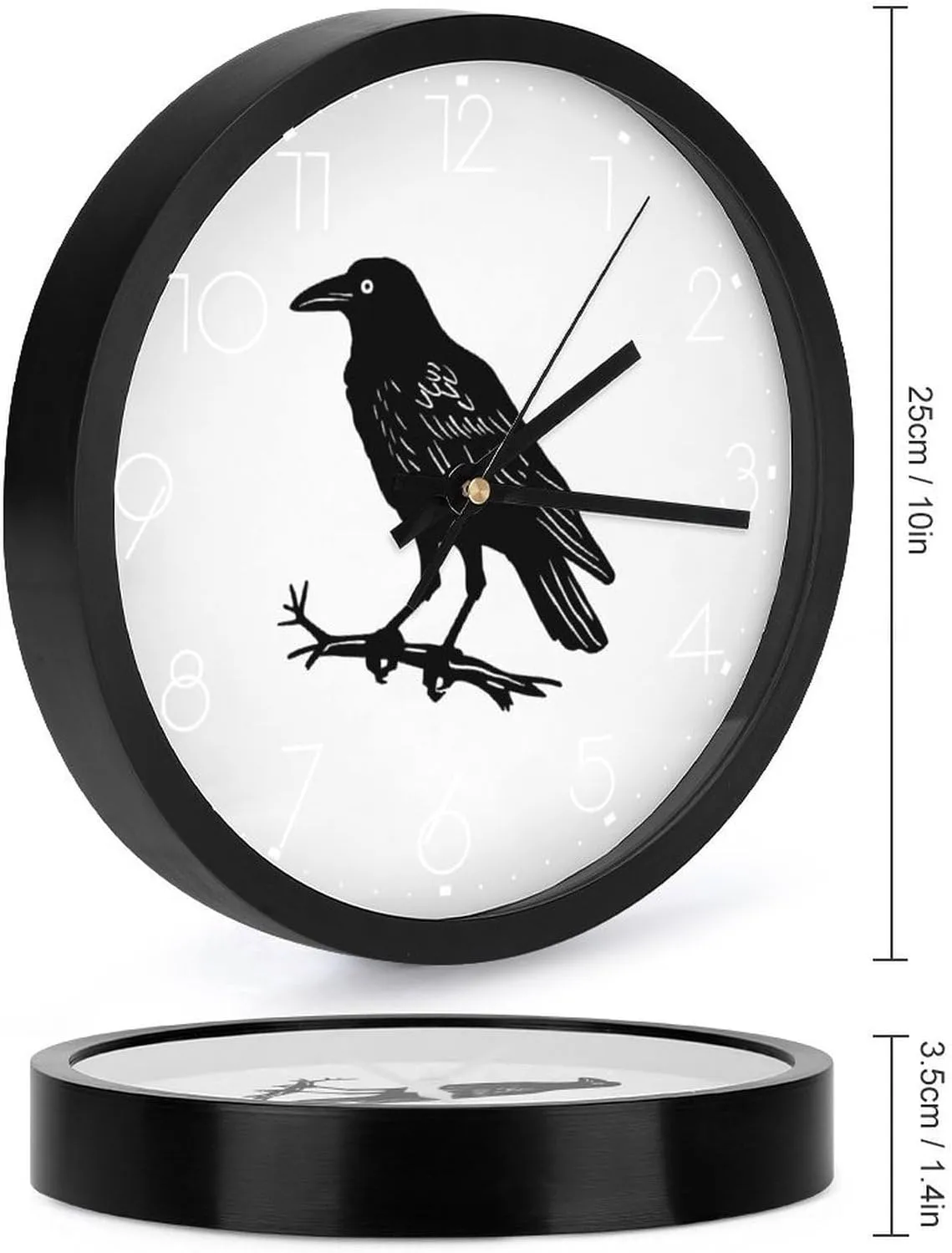 Black Crow Wall Clock 10 Inch Silent Non-ticking Battery Operated Decorative Clock for Kitchen Bedroom