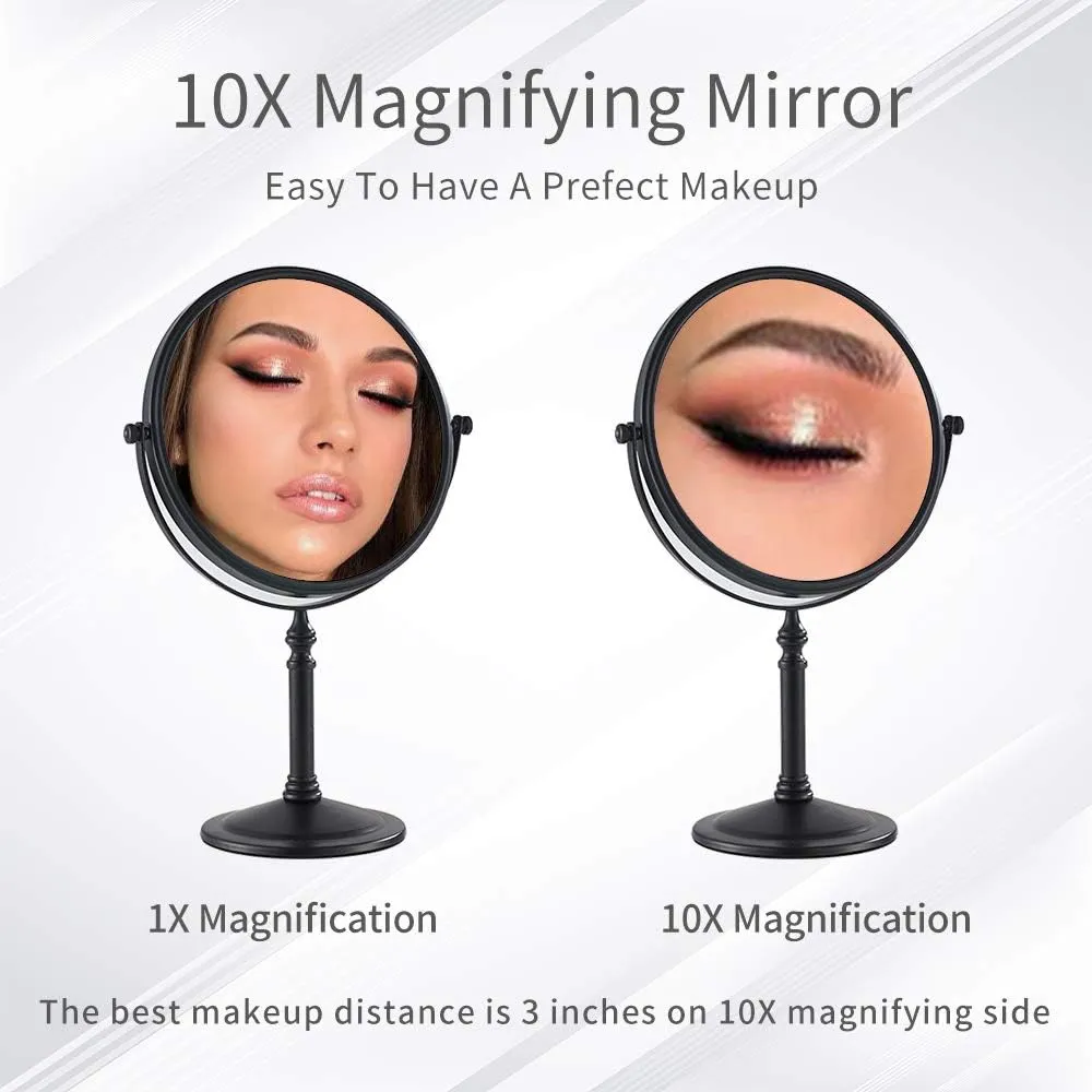 Black Makeup Mirror 1X/10X Free Standing 8 Inches 360 Swivel Dual-Sided Tabletop Makeup Mirror, Metal