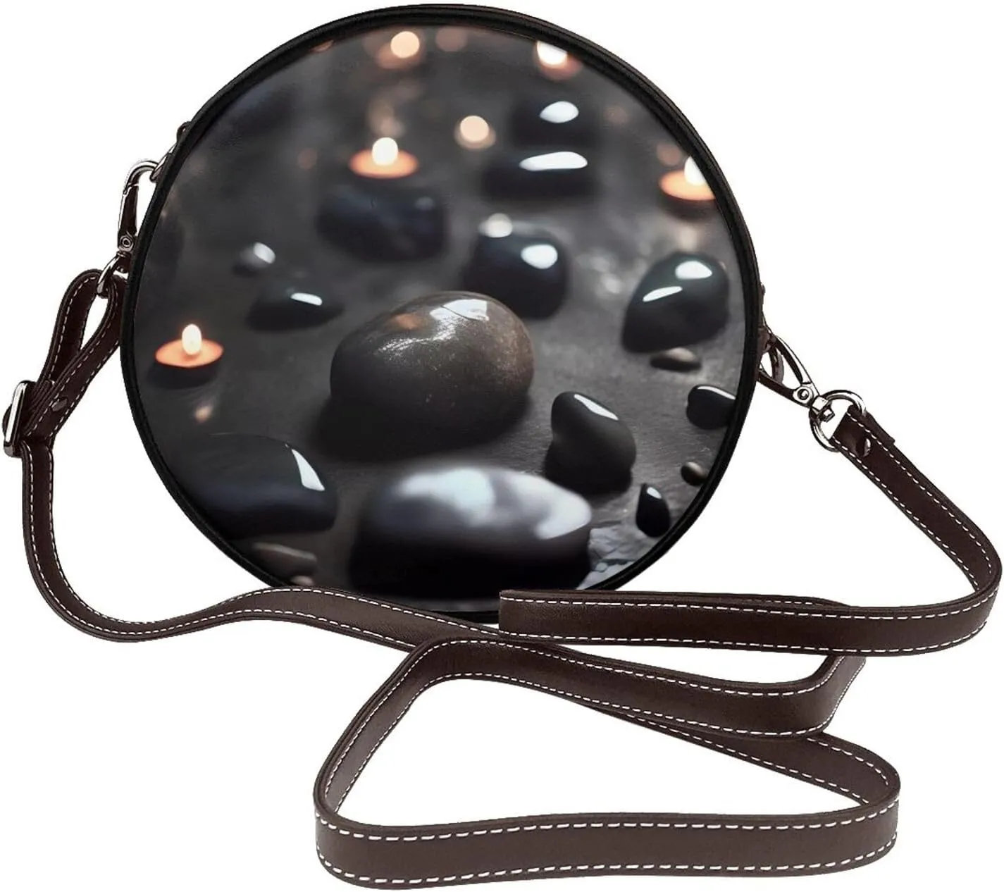 Black Mystery Heart Stone Removable Shoulder Strap Waterproof Leather Shoulder Round Bag Crossbody Bag Travel Shopping Dating Handbag Purse