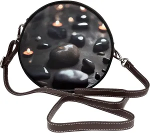 Black Mystery Heart Stone Removable Shoulder Strap Waterproof Leather Shoulder Round Bag Crossbody Bag Travel Shopping Dating Handbag Purse