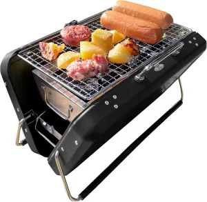 Black Portable BBQ Charcoal Grill, Folding Stainless Steel Mini Grill for Camping, Hiking, Outdoor Cooking, Small Tabletop Picnics, Backyard, Tailgating, Compact Travel BBQ Carry Bag (Black)