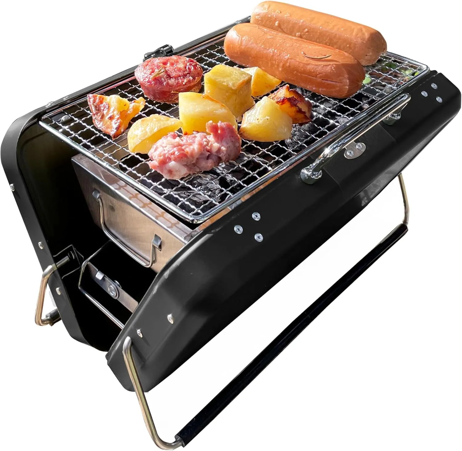 Black Portable BBQ Charcoal Grill, Folding Stainless Steel Mini Grill for Camping, Hiking, Outdoor Cooking, Small Tabletop Picnics, Backyard, Tailgating, Compact Travel BBQ Carry Bag (Black)