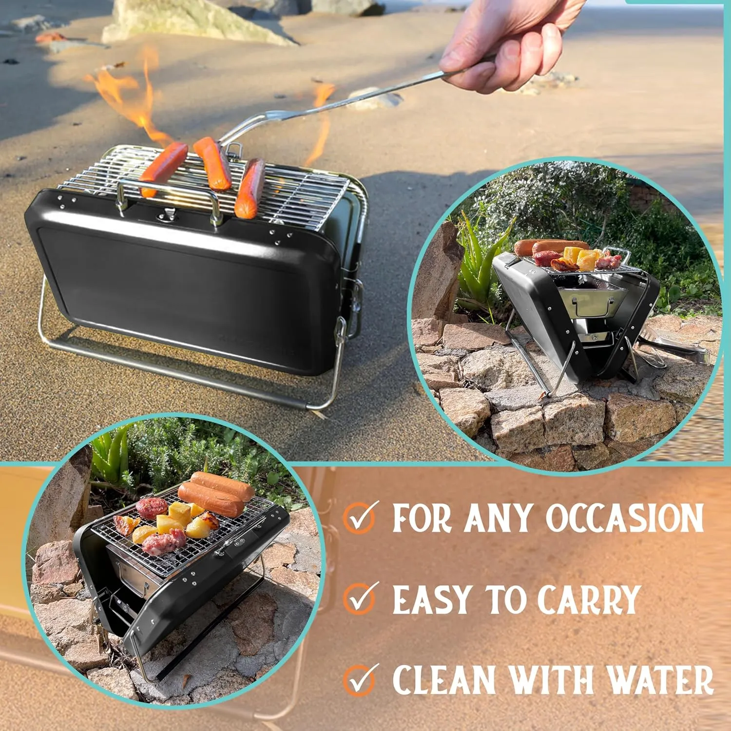 Black Portable BBQ Charcoal Grill, Folding Stainless Steel Mini Grill for Camping, Hiking, Outdoor Cooking, Small Tabletop Picnics, Backyard, Tailgating, Compact Travel BBQ Carry Bag (Black)