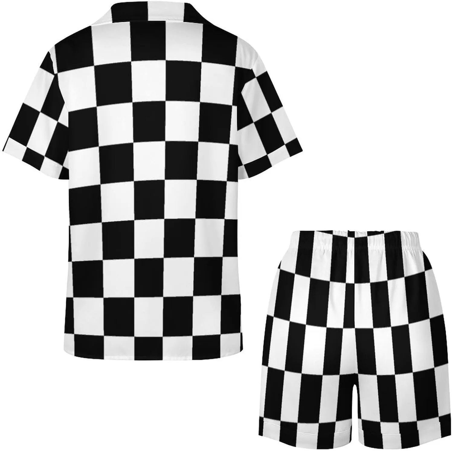 Black White Race Checkered Flag Printed Women's Satin Pajama Set Short Sleeve Button Down Sleepwear Loungewear Pj Set