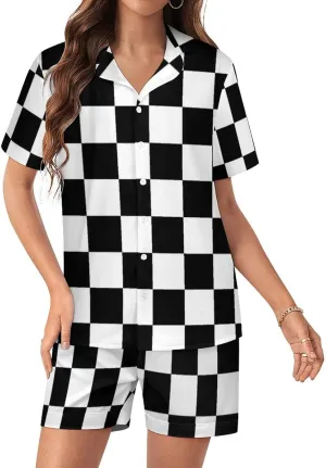 Black White Race Checkered Flag Printed Women's Satin Pajama Set Short Sleeve Button Down Sleepwear Loungewear Pj Set