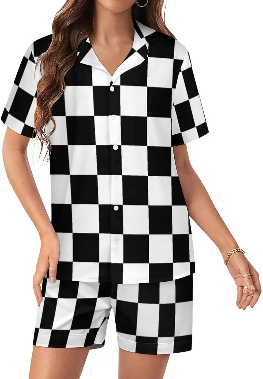 Black White Race Checkered Flag Printed Women's Satin Pajama Set Short Sleeve Button Down Sleepwear Loungewear Pj Set