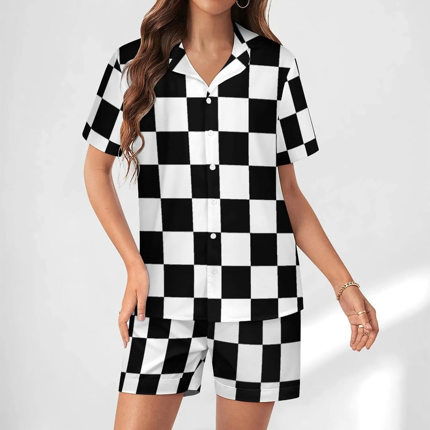 Black White Race Checkered Flag Printed Women's Satin Pajama Set Short Sleeve Button Down Sleepwear Loungewear Pj Set