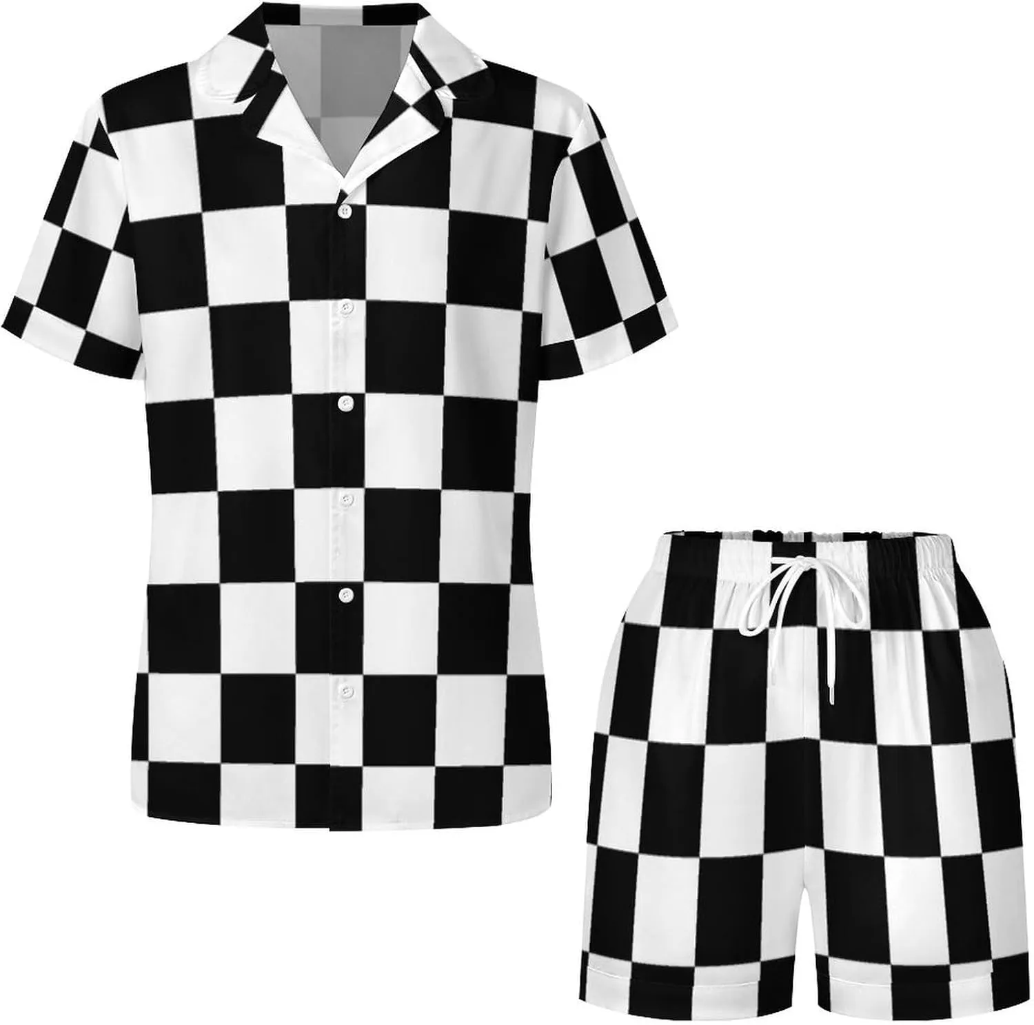 Black White Race Checkered Flag Printed Women's Satin Pajama Set Short Sleeve Button Down Sleepwear Loungewear Pj Set