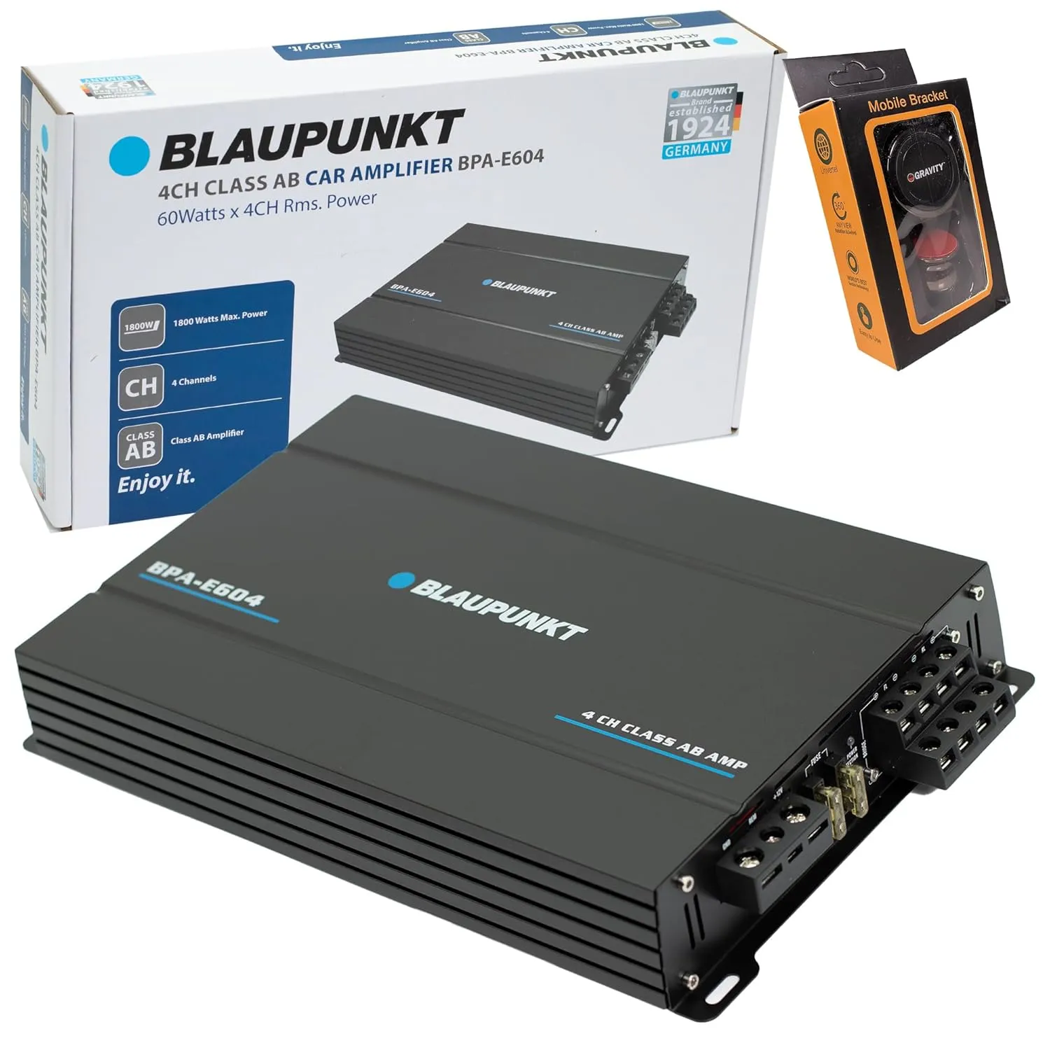 Blaupunkt BPA-E604 4-Channel Class AB Car Amplifier 1800W Max - High Power, Versatile Bridging, Crystal-Clear Sound - Sleek Design Bundle with Gravity Magnet Phone Holder