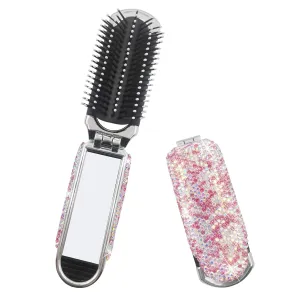 Bling Travel Hair Brush With Mirror, Rhinestone Compact Folding Comb for Women (Pink)