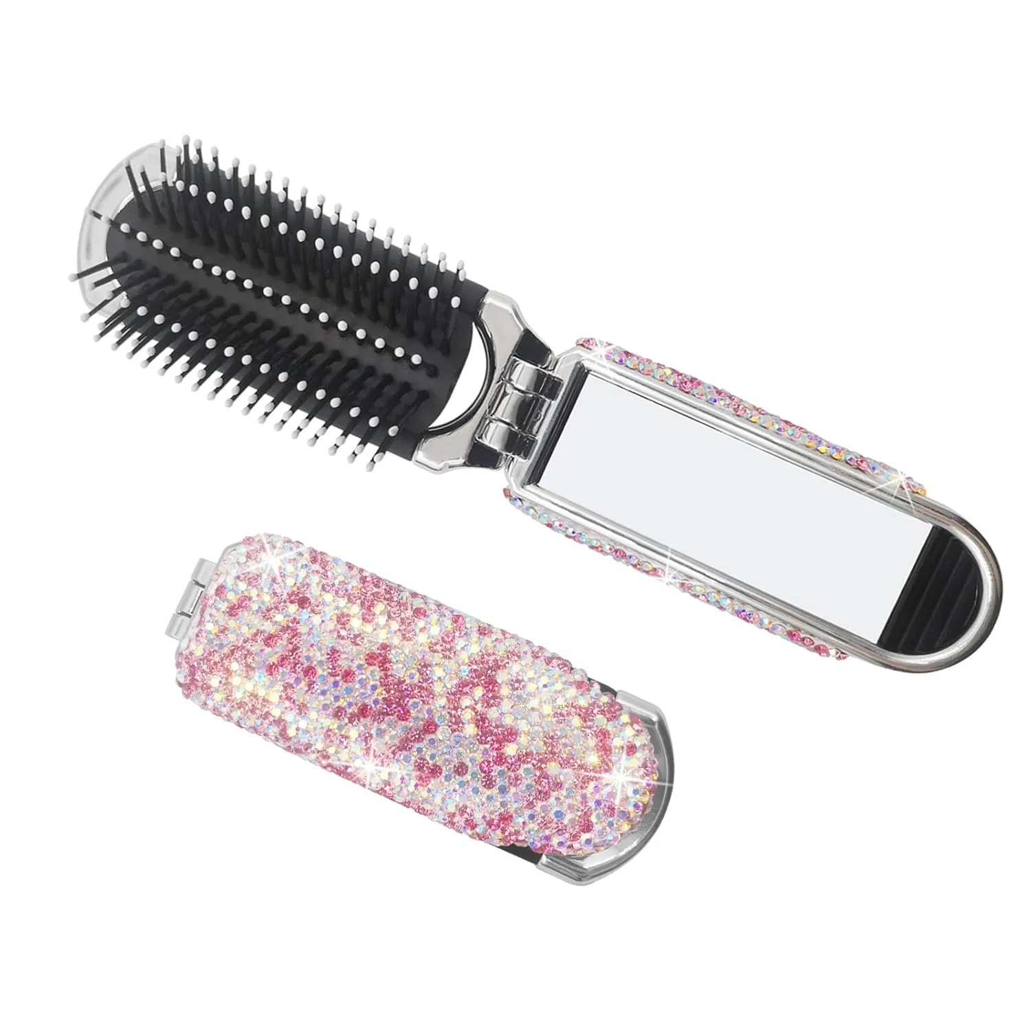 Bling Travel Hair Brush With Mirror, Rhinestone Compact Folding Comb for Women (Pink)