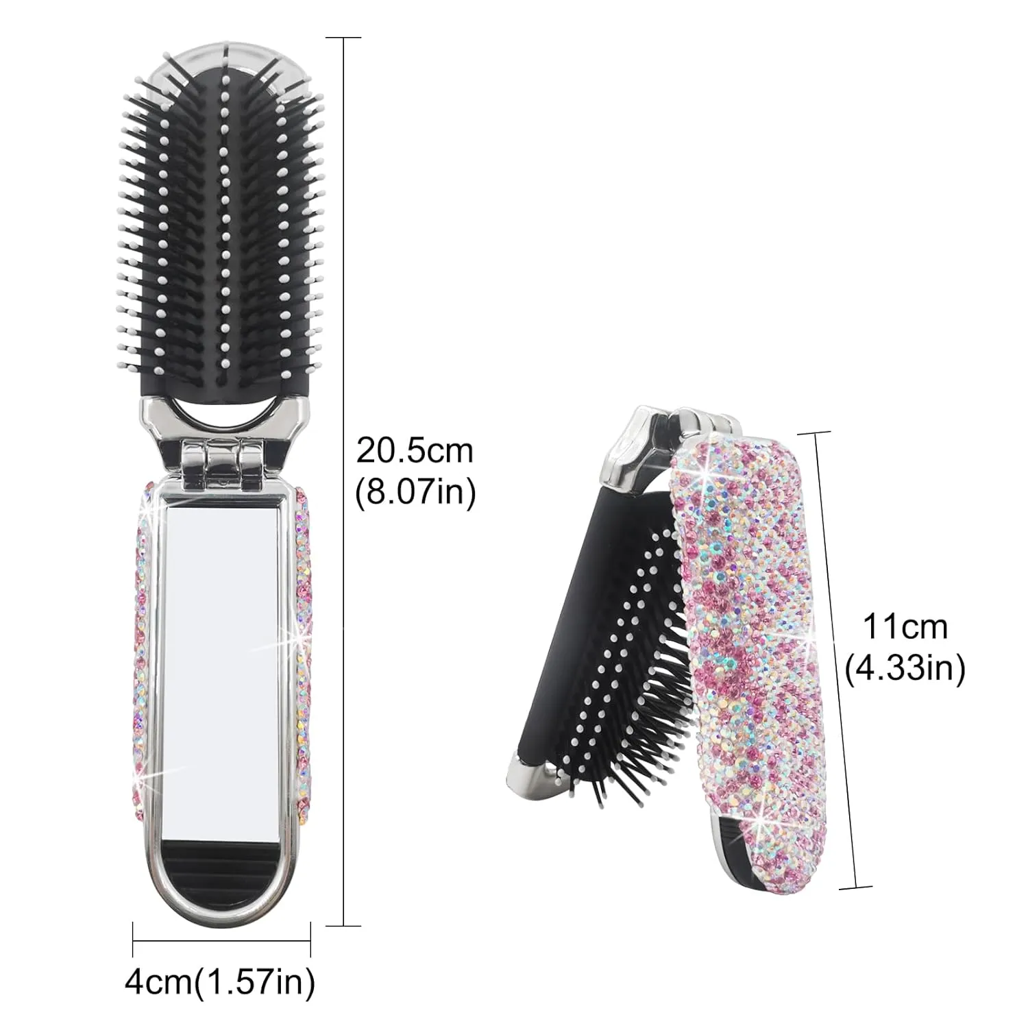 Bling Travel Hair Brush With Mirror, Rhinestone Compact Folding Comb for Women (Pink)