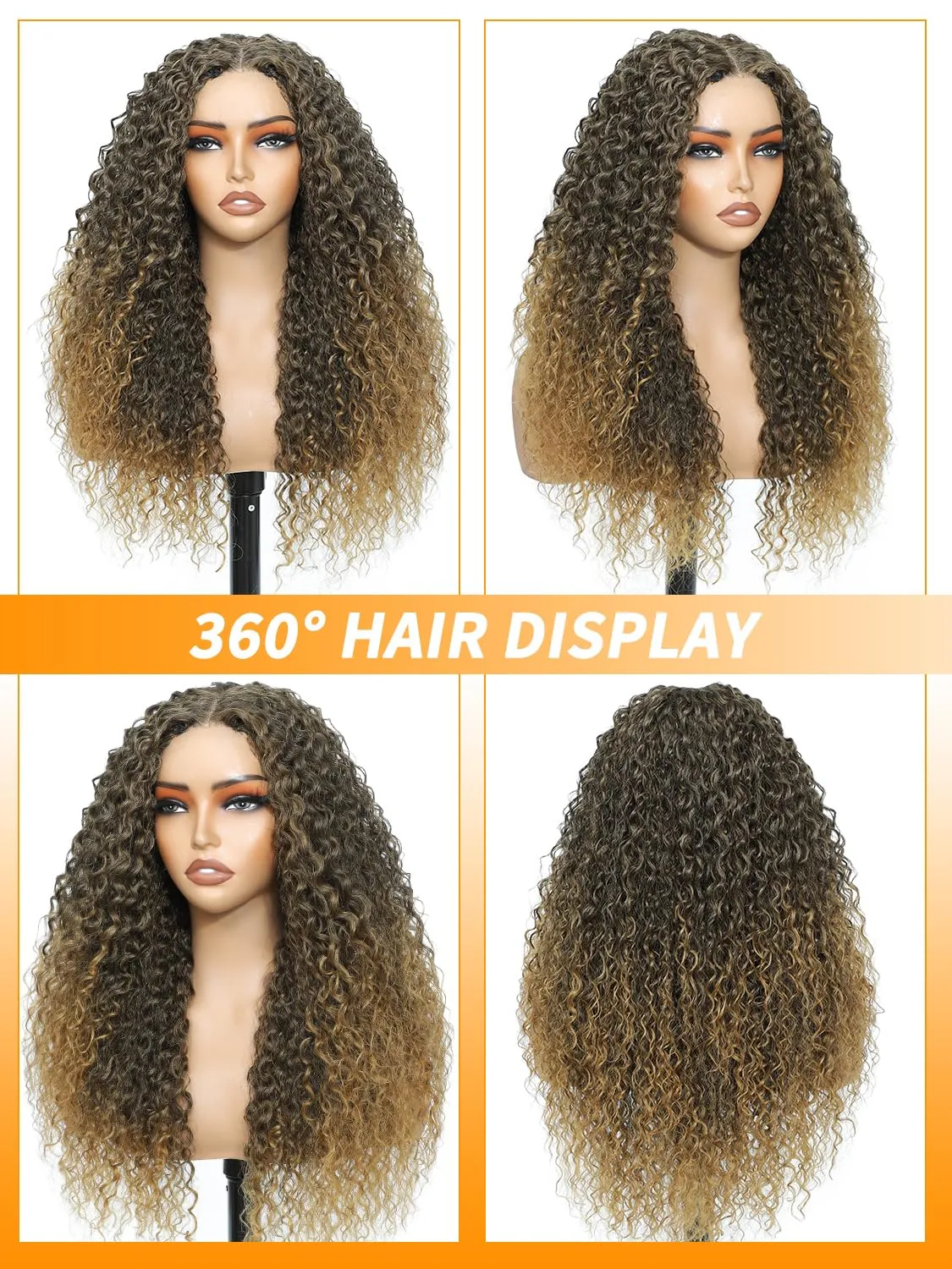 Blonde Curly Synthetic Lace Front Wig Ombre Brown Blonde Glueless Curly Wig Pre Cut 4x1 Lace Closure Upgraded with Human Hair Feeling Fiber Long Deep Wave Curly Wig (TBrown/Blonde-24 Inches)
