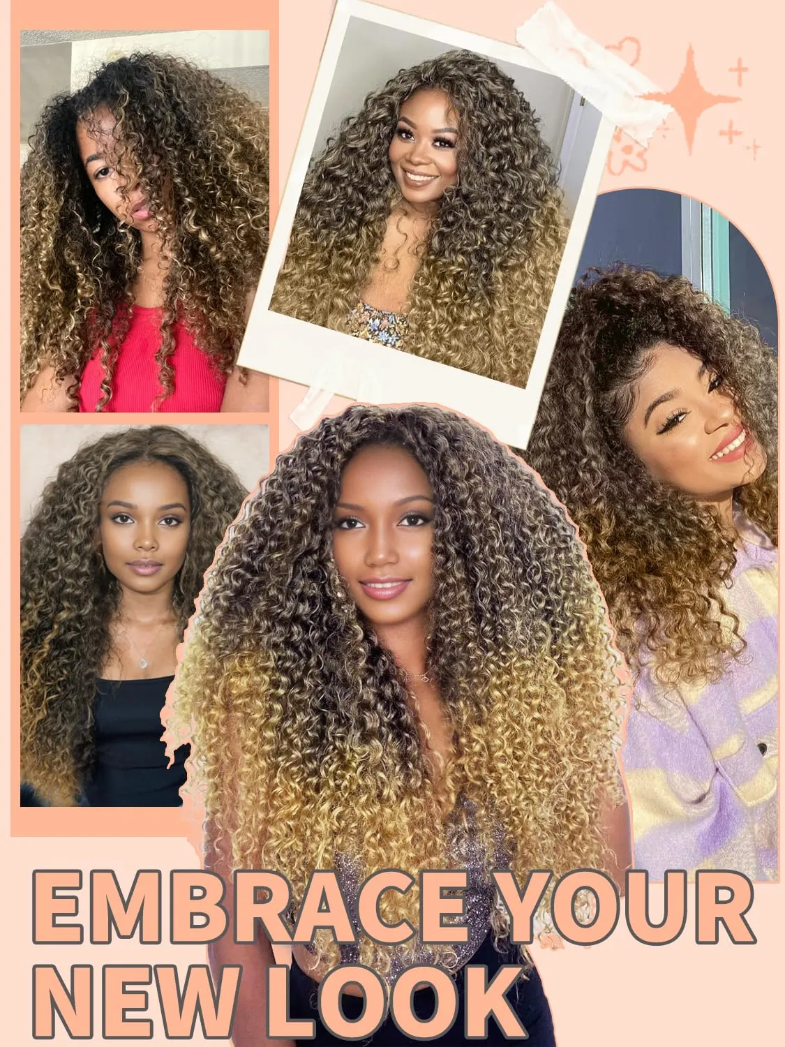 Blonde Curly Synthetic Lace Front Wig Ombre Brown Blonde Glueless Curly Wig Pre Cut 4x1 Lace Closure Upgraded with Human Hair Feeling Fiber Long Deep Wave Curly Wig (TBrown/Blonde-24 Inches)