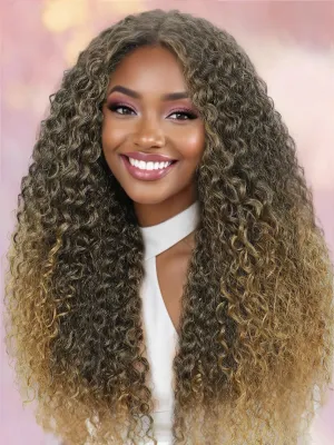 Blonde Curly Synthetic Lace Front Wig Ombre Brown Blonde Glueless Curly Wig Pre Cut 4x1 Lace Closure Upgraded with Human Hair Feeling Fiber Long Deep Wave Curly Wig (TBrown/Blonde-24 Inches)