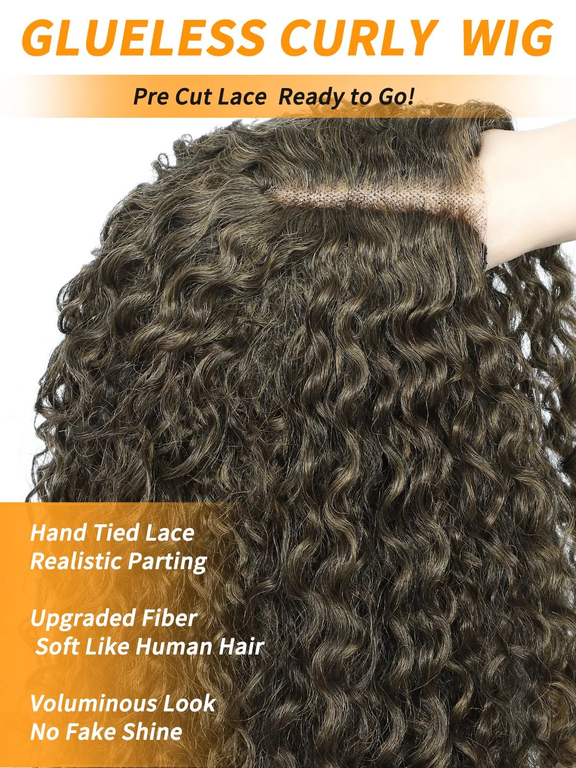 Blonde Curly Synthetic Lace Front Wig Ombre Brown Blonde Glueless Curly Wig Pre Cut 4x1 Lace Closure Upgraded with Human Hair Feeling Fiber Long Deep Wave Curly Wig (TBrown/Blonde-24 Inches)