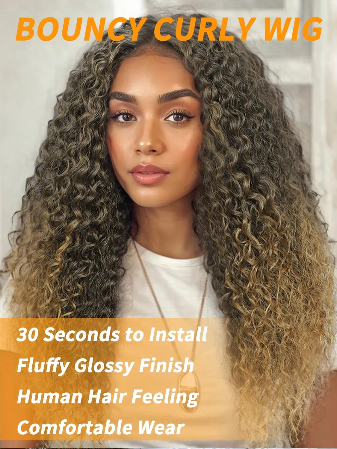 Blonde Curly Synthetic Lace Front Wig Ombre Brown Blonde Glueless Curly Wig Pre Cut 4x1 Lace Closure Upgraded with Human Hair Feeling Fiber Long Deep Wave Curly Wig (TBrown/Blonde-24 Inches)