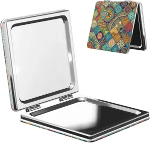 Bohemian Geometric Ornamental Floral Women Small Pocket Makeup Mirror Compact Portable Folding Handheld Makeup Mirror