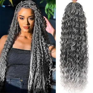 Boho Crochet Box Braids for Black Women 24 Inch 7 Packs Goddess Box Braids Crochet Hair With Curly Ends Pre Looped Bohomian Synthetic Braiding Hair Extensions 1b/grey