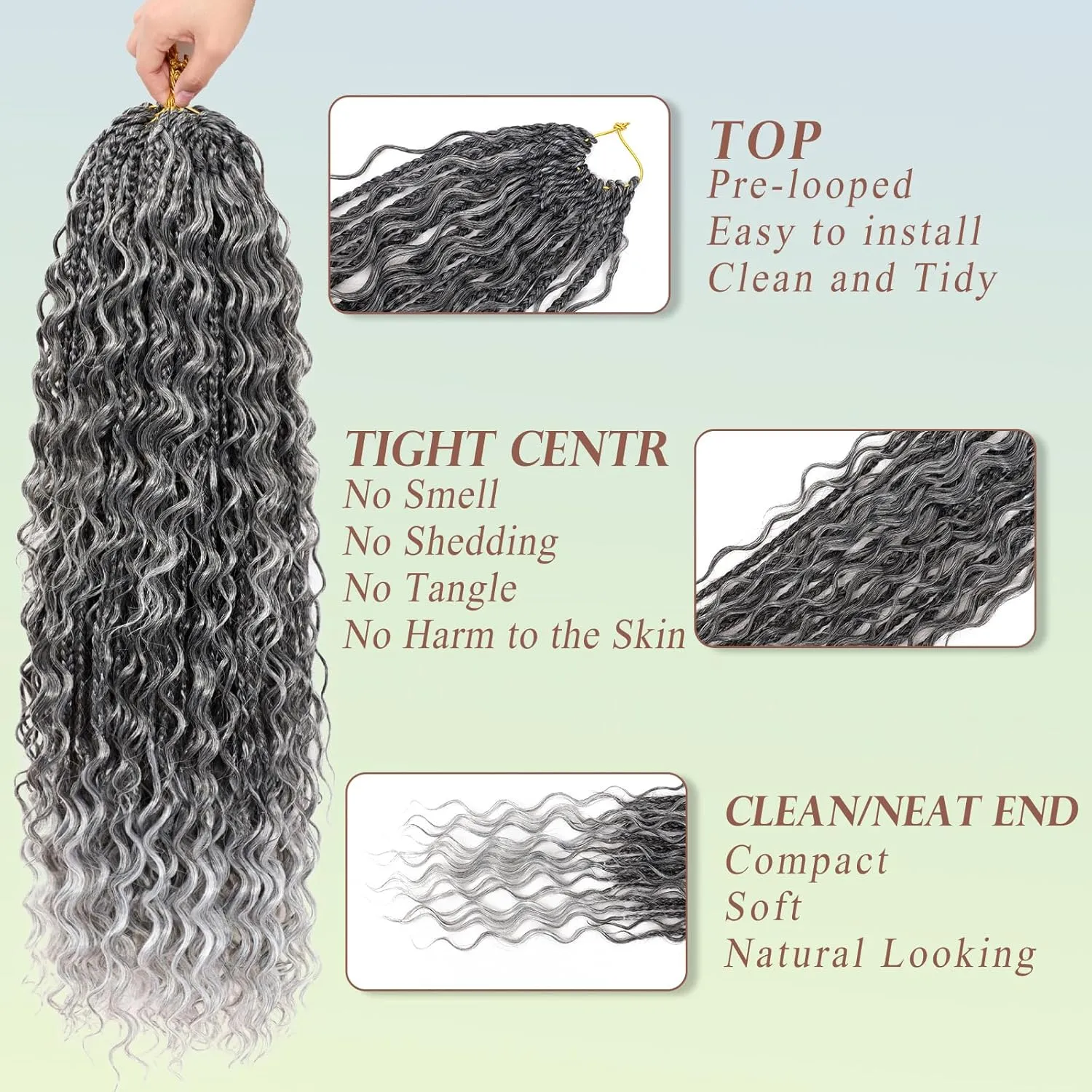 Boho Crochet Box Braids for Black Women 24 Inch 7 Packs Goddess Box Braids Crochet Hair With Curly Ends Pre Looped Bohomian Synthetic Braiding Hair Extensions 1b/grey