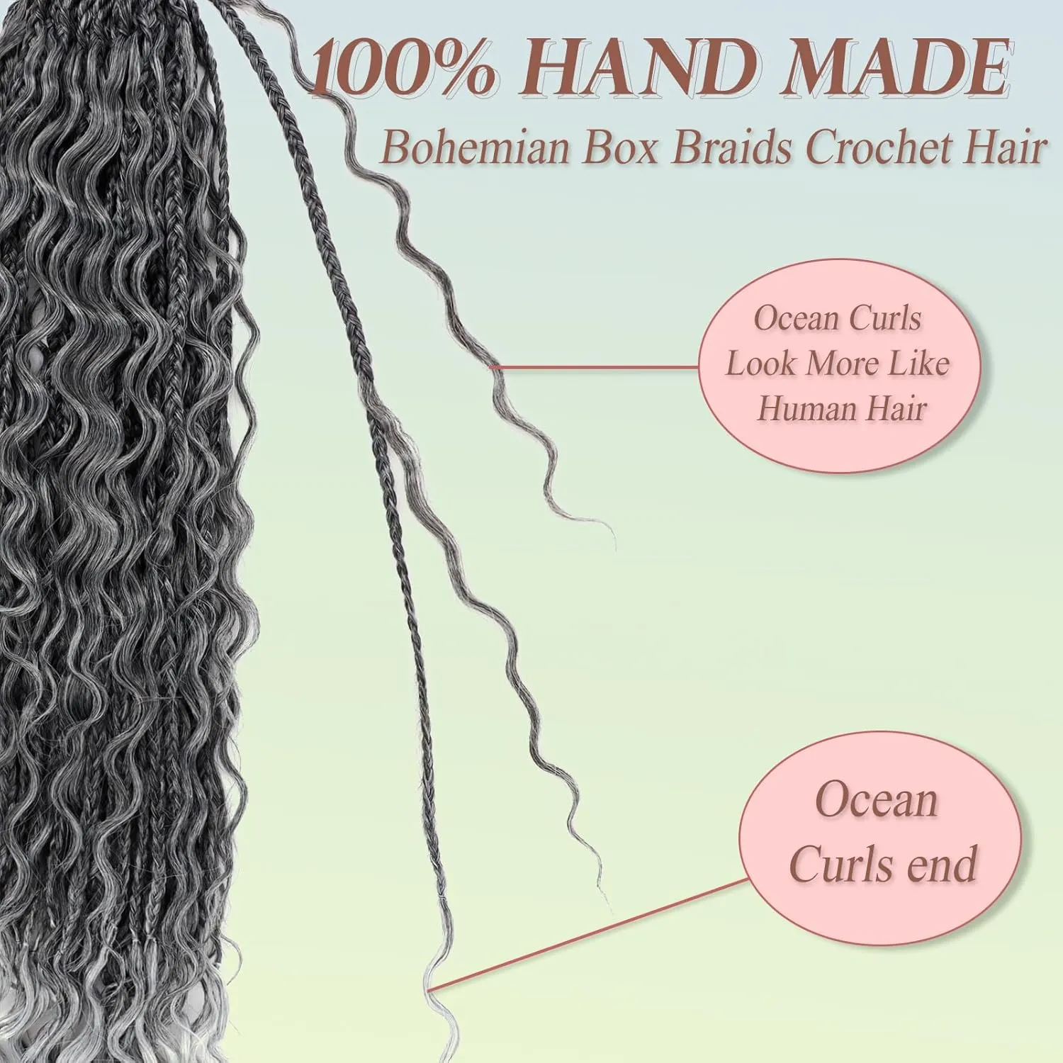 Boho Crochet Box Braids for Black Women 24 Inch 7 Packs Goddess Box Braids Crochet Hair With Curly Ends Pre Looped Bohomian Synthetic Braiding Hair Extensions 1b/grey