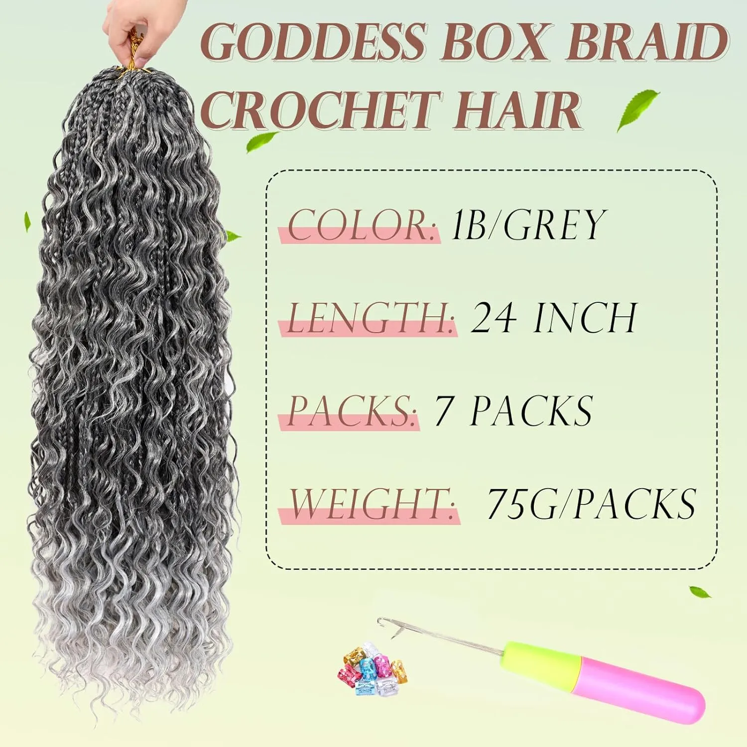Boho Crochet Box Braids for Black Women 24 Inch 7 Packs Goddess Box Braids Crochet Hair With Curly Ends Pre Looped Bohomian Synthetic Braiding Hair Extensions 1b/grey