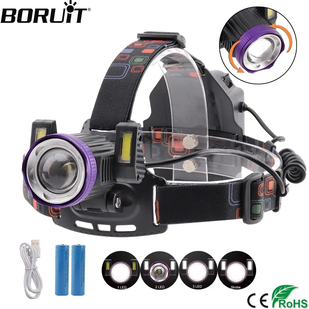 BORUiT 15000Lumens Zoomable 4-Mode Headlamp XML T6 COB LED Headlight USB Charger Head Torch Camping Flashlight 18650 Battery