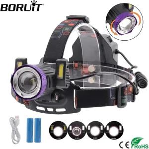 BORUiT 15000Lumens Zoomable 4-Mode Headlamp XML T6 COB LED Headlight USB Charger Head Torch Camping Flashlight 18650 Battery