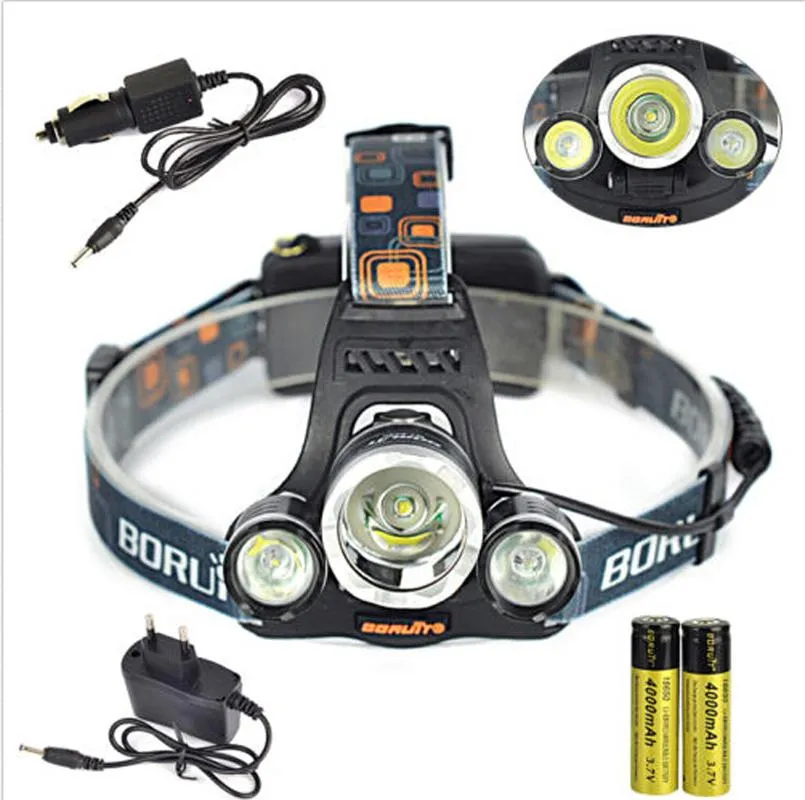 Boruit 6000LM 3x XM-L T6 LED Headlamp Headlight Head Torch Lamp 18650 Rechargeable Battery AC/CAR Charger Camping Fishing Light