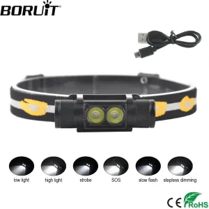 BORUiT D25 XP-G2 LED Mini Headlight 6-Mode USB Charger Headlamp Camping Flashlight Hunting Frontal Head Torch by 18650 Battery