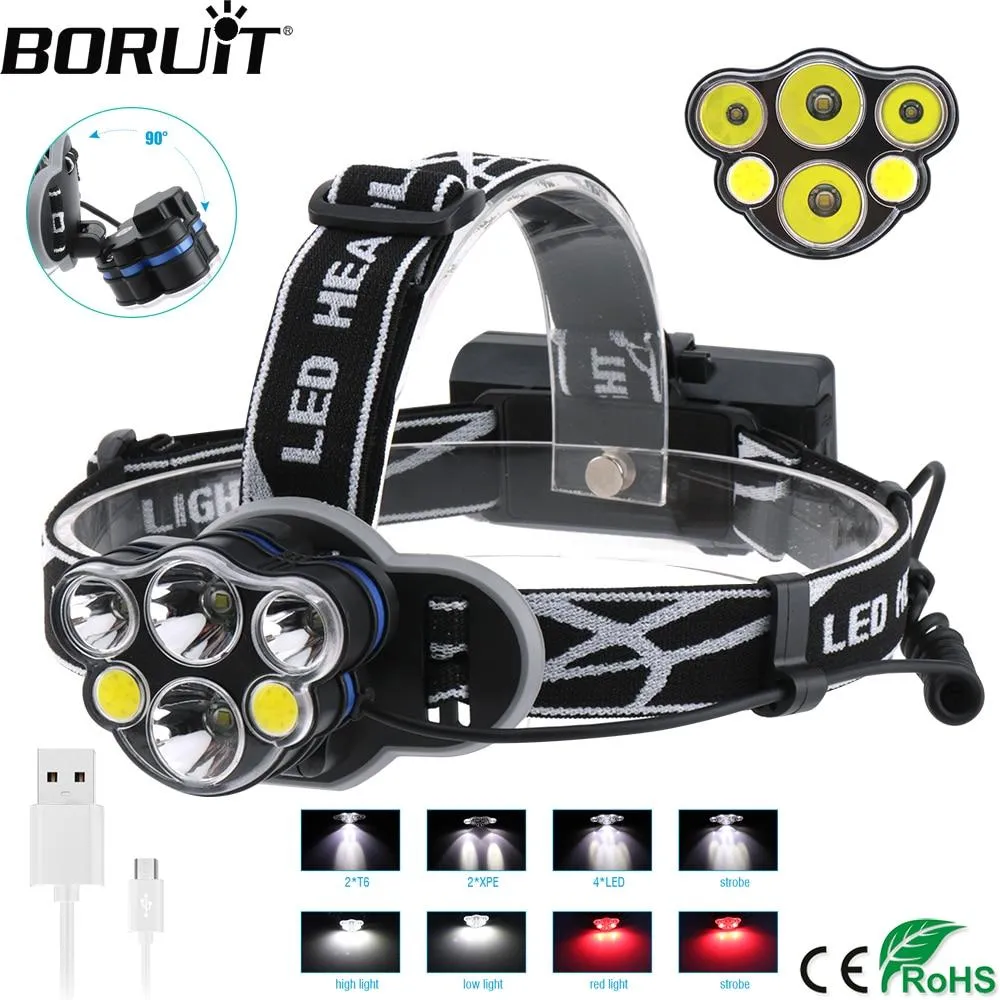BORUiT KC06 8-Mode USB Charger HeadLamp T6 XPE COB LED Headlight Waterproof Head Torch Hunting Camping Flashlight 18650 Battery